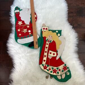 Vintage Christmas Stocking Lot of 2 Santa & Angel Stiff Cardboard Front READ
